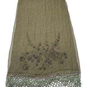 Shaina June Silk Beaded Fringe Scarf in Green